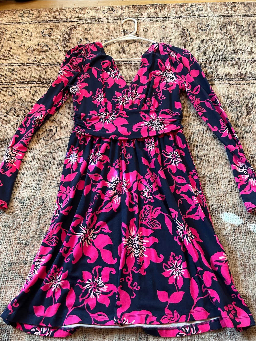 Lilly Pulitzer Navy & Hot Pink Floral V-Neck Long Sleeve Dress